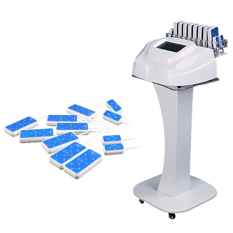 A Competitive Low Level Laser Therapy Lipo Laser Inch Loss Machine with blue and white pads on top of it for Lipo Laser treatment.