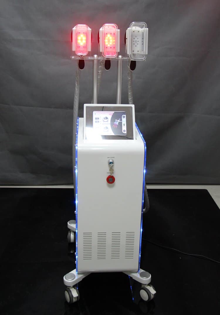 Um OEM poderoso 3 aplicadores de lipólise fria Coolsculpting máquina de remoção de celulite crioterapia de congelamento de gordura para comercial com duas luzes vermelhas nela.