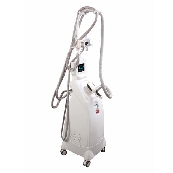 Una máquina de liposucción por cavitación Rf con radiofrecuencia y rodillo de vacío adelgazante de belleza Velashape 2 portátil blanca con un asa.
