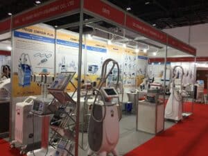 A display of Aesthetic Devices at Dubai Derma 2017 trade show.
