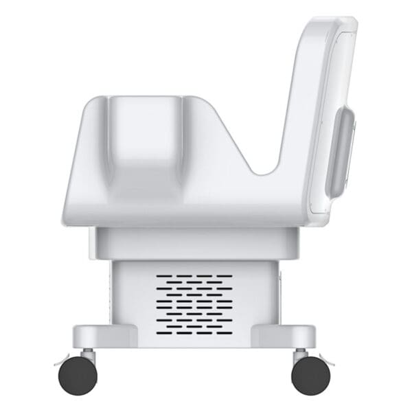 Uma imagem de uma cadeira branca com rodas que lembra a Máquina Profissional Emsella para Incontinência.
