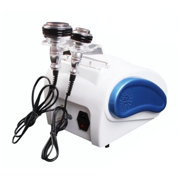 A white and blue Beauty Equipment Suppliers Ultrasound Cavitation machine with a blue cord designed for Ultrasound Cavitation.