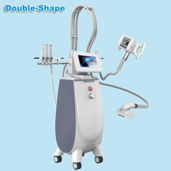The double shape body contouring machine is shown on a blue background at COSMOBEAUTY Barcelona 2018.