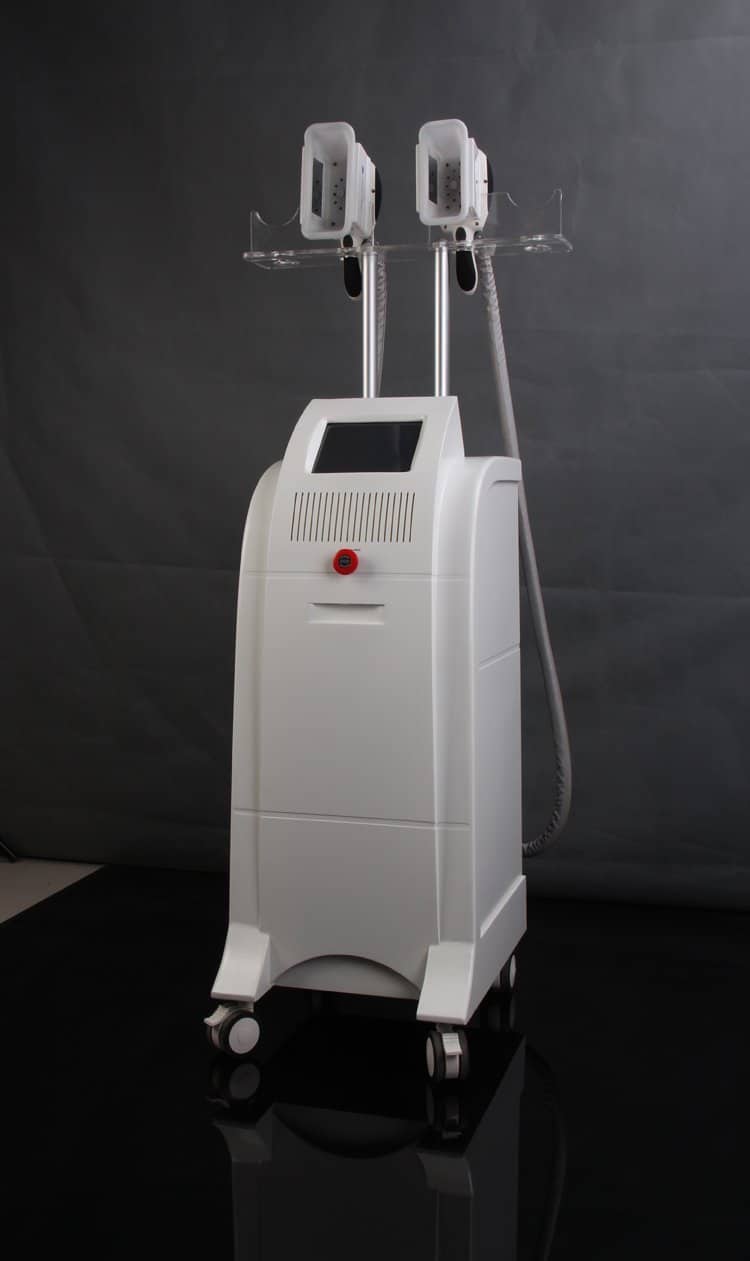 A white machine with two heads on it, suitable for Standing Fat Removal Beauty Machine Cost Cryotherapy Cryo Freezing Treatment Equipment.