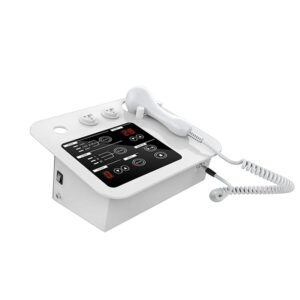 En bärbar Best 3 Handtag Microcurrent EMS Electroporation Mesotherapy Stretch Marks Machines med en telefon kopplad till den.