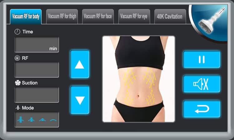 En kvinnas kropp visas på en bärbar RF-kavitationsradiofrekvensbehandling med 5M RF-infrarött ljusskärm.