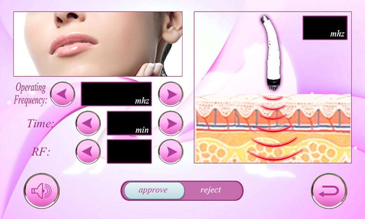 En kvindes ansigt vises på en computerskærm, mens den gennemgår ultralydskavitation RF Radio Frequency Lipo Therapy Beauty Machine-behandling.