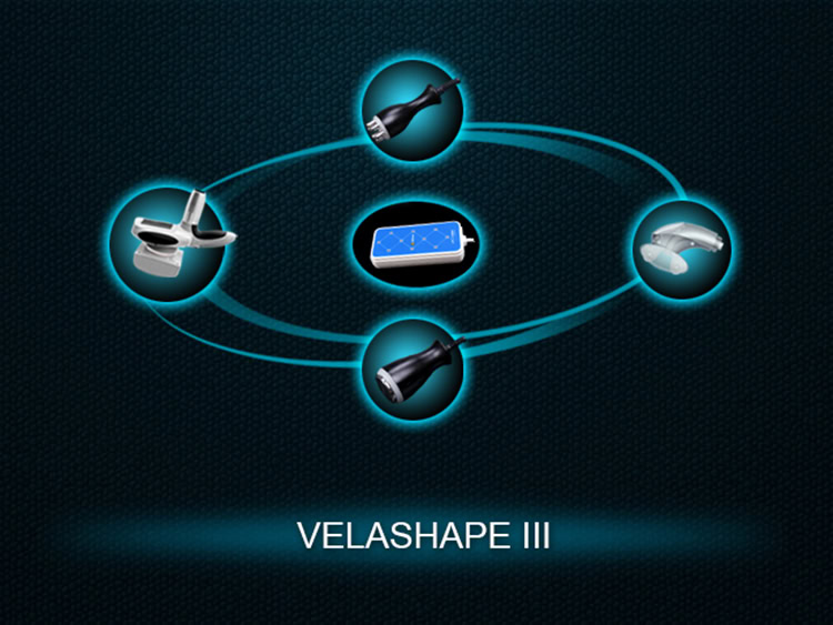 The Reduce Cellulite Radio Frequency Lipo Cavitation Vacuum Therapy Velashape Machine, en banbrytande Velashape-maskin, ses på en mörk bakgrund. Genom att använda avancerade radiofrekvenser minskar den effektivt celluliter.