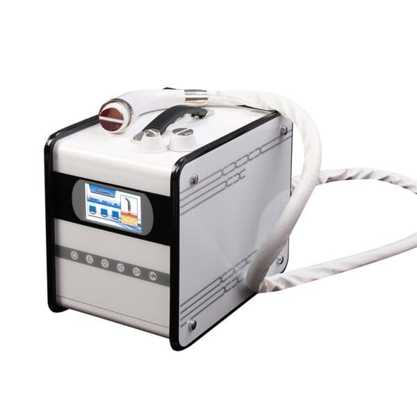 A white professional portable RF radio frequency facial treatment for skin tighten+skin firming machine with a cord attached to it that utilizes radio frequency (RF) technology for skin tightening and firming.