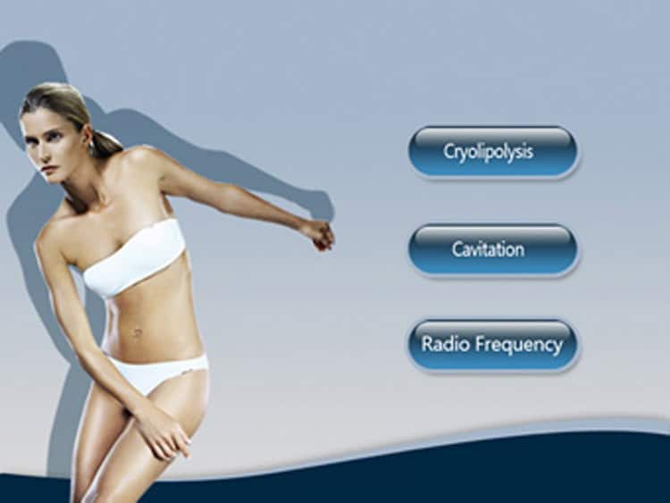 Een professionele schoonheidsmachinefabriek Cryo Cool Lipo-ijsmachine voor vetbevriezing met een vrouw in bikini.