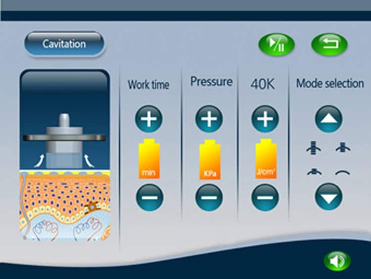 En skönhetsmaskinskärm som visar funktionerna hos en Professional Beauty Machine Factory Cryo Cool Lipo Ice Machine för fettfrysning, inklusive fettfrysningsfunktioner.
