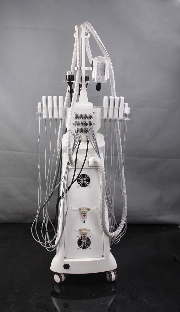 Uma máquina de contorno corporal Slimming Beauty 6 em 1 branca com vários fios.