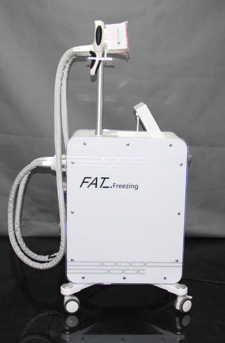 A Beauty Machines Distributors Two Handles Cryolipolys Cryo Cooling Device, also known as a fat removal machine, on a black background.