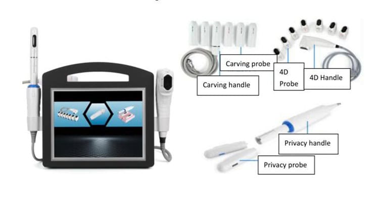 Uma imagem da melhor máquina Hifu portátil 4 em 1 com diferentes tipos de equipamentos médicos.