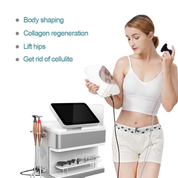 A professional woman is using the 448KHZ Comfortable Radio Frequency Machine Professional Physiotherapy Equipment For Body And Face to get rid of cellulite.