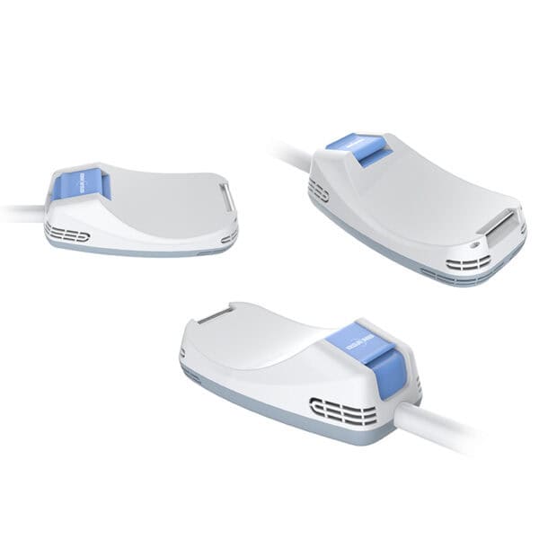 Drei verschiedene Arten von Geräten, darunter eine zum Verkauf stehende verbesserte Version einer nicht-chirurgischen EMS-Emsculpt-Maschine mit neuer Technologie, werden auf weißem Hintergrund angezeigt.
