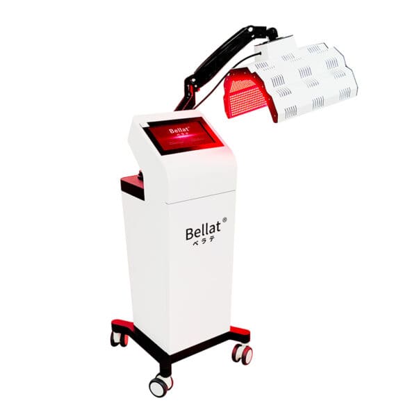 Kauneussalon ihon valkaisu 470 nm 590 nm 640 nm Spa akne hoito LED-valo Photo Dynamic Therapy PDT-kone, jossa on pyörät ja punainen valo.