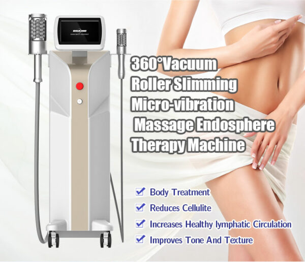 A woman's body is shown with the Newest Tech Standing Lymphatic Massage Roller Machine.