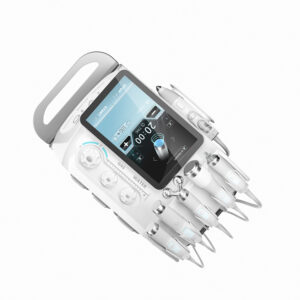 Лучший микротоковый аппарат для косметологов: белое устройство с подключенным к нему мобильным телефоном.