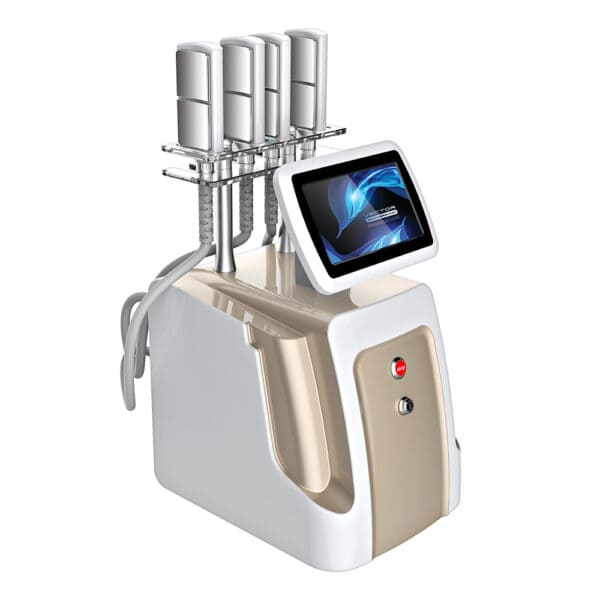Uma versátil máquina de queima de gordura por criolipólise EMS 360 para uso doméstico, com quatro dispositivos diferentes para diversos tratamentos de beleza.
