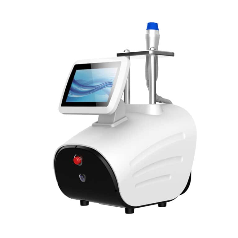 A Portable Sound Wave Machine Therapy For Home Use with a blue screen and a white background that utilizes sound wave therapy.