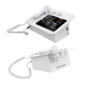 Ένα φορητό Micro Current Electroporation Skin Moisturizer No Needle Anti-aging Mesotherapy Beauty Machine με ένα τηλέφωνο συνδεδεμένο σε αυτό.