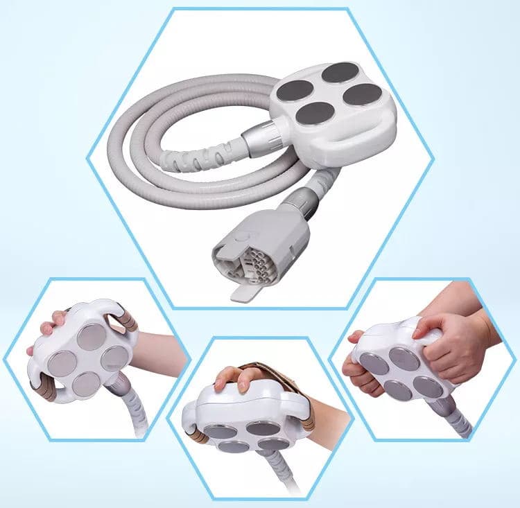 Четыре фотографии руки, держащей 3D-аппарат для кавитационной коррекции фигуры Velasmooth, выставленный на продажу.