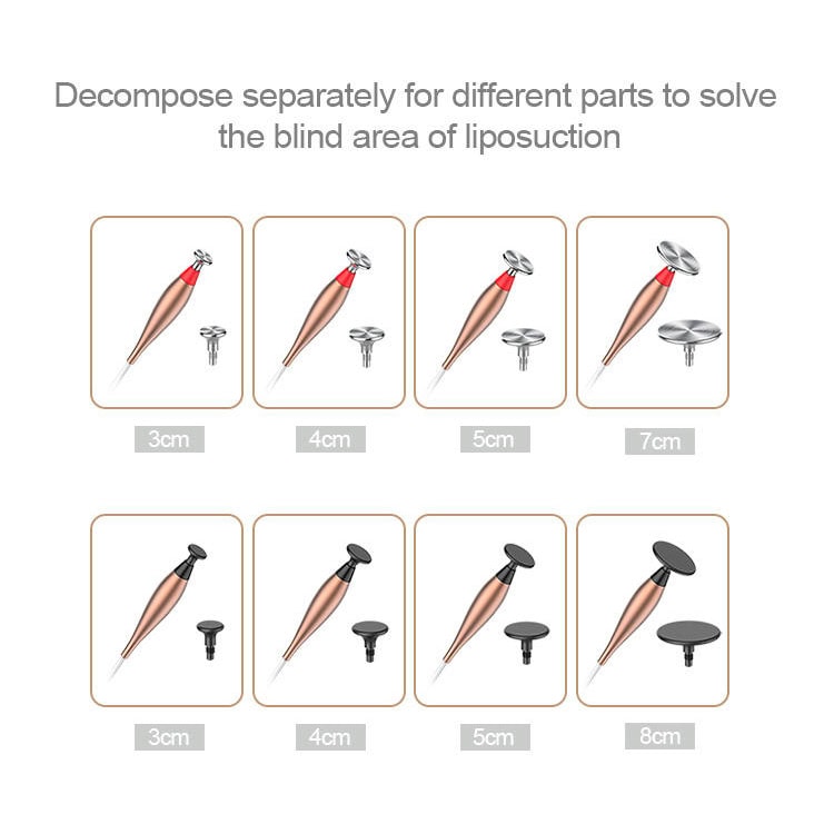 Surgical decompose parts for lipsuction, various sizes including 3cm, 4cm, 5cm, and 8cm, designed for precision in liposuction procedures.