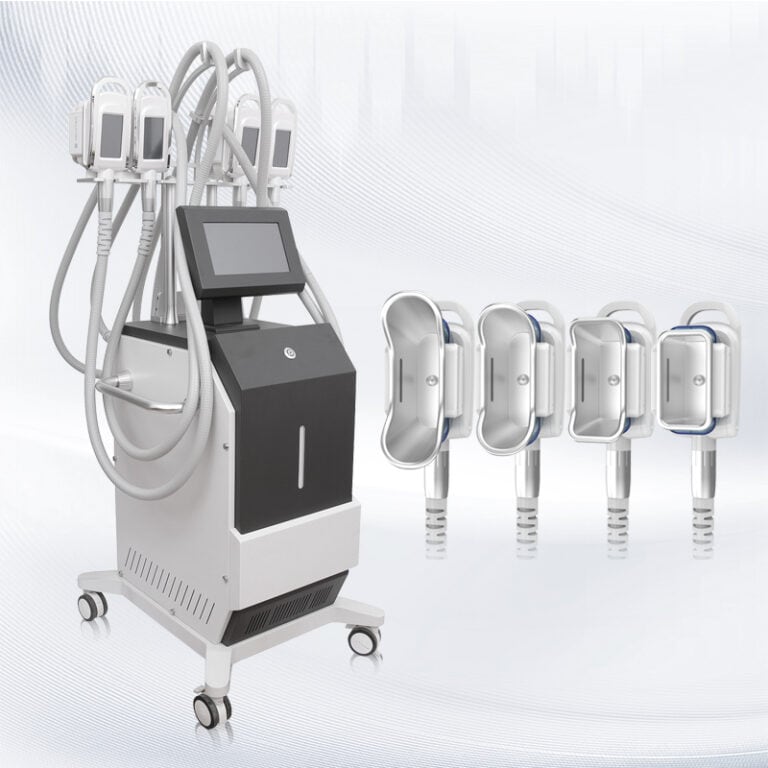 The Osano Cryotherapy Machine has a touchscreen, flexible arms, and four detachable applicator heads on a light background.