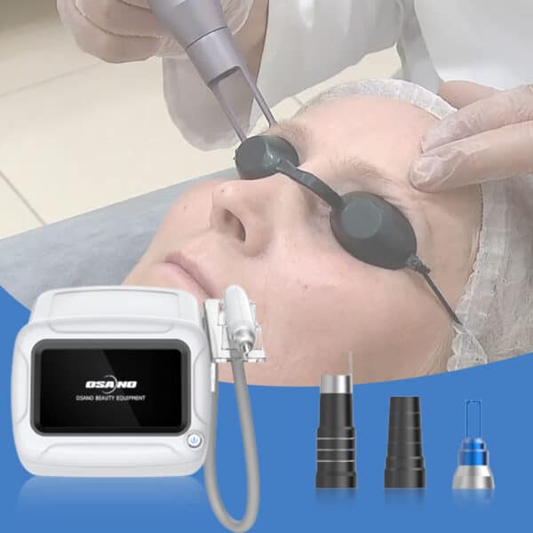 A woman is being treated with a Picosecond Laser Freckle Tattoo Removal Skincare Honeycomb Aesthetic Q Switch Laser Machine.