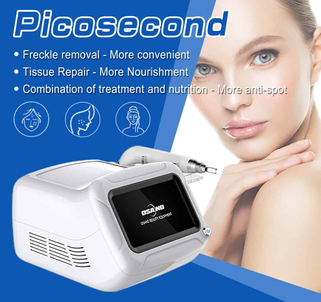 Publicité pour un appareil laser picoseconde mettant en avant les fonctionnalités du traitement de la peau, notamment l'élimination des taches de rousseur et la réparation des tissus.