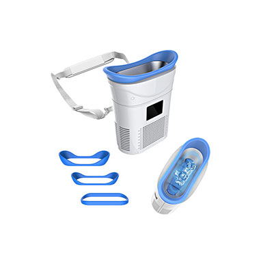 A blue and white device with a blue strap.