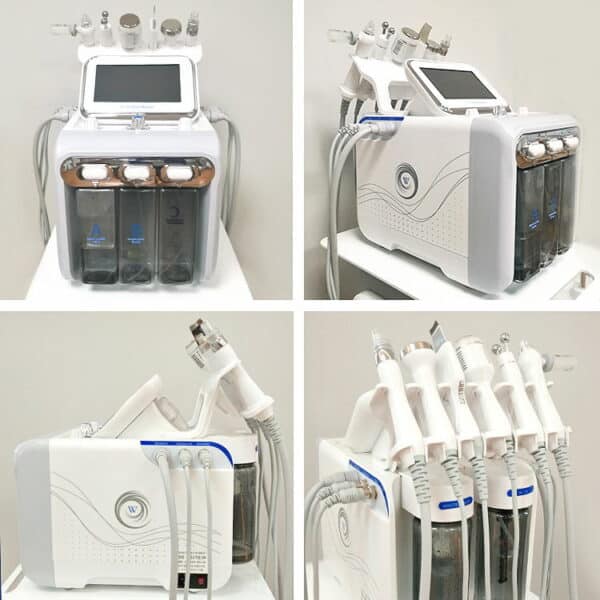 Vier afbeeldingen van een Deep Cleaning Skin Care 6 IN 1 Facial Machine met verschillende onderdelen.