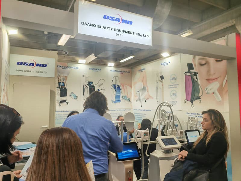 At Cosmoprof 2024, the Osano Beauty Equipment Co., Ltd. booth showcases cosmetic devices and tech, attracting global interest.