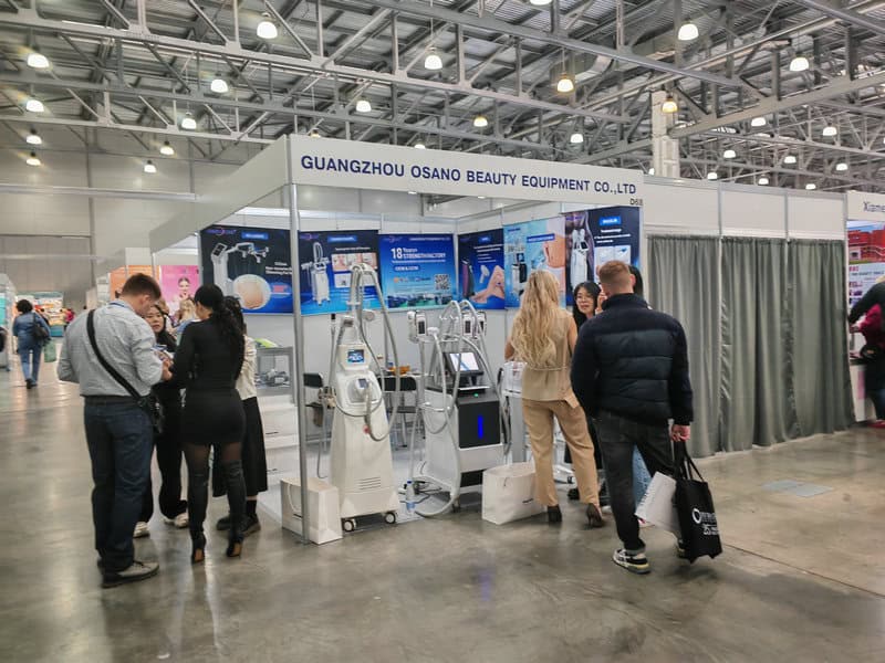 People gather at "Guangzhou Osano Beauty Equipment Co., Ltd." booth at InterCHARM, a top beauty show in Russia.