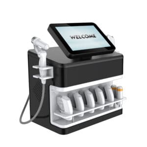 Popular Hifu 10D Machine Face Lifting Cartridges for facial and body treatments with multiple handpieces and a digital display screen showing 'welcome.'