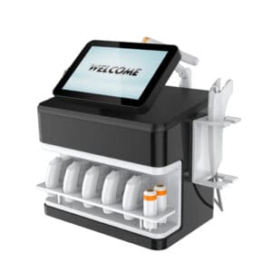 Een moderne zelfbedieningskiosk met een digitaal display waarop "welkom" staat, uitgerust met meerdere dispensers voor populaire Hifu 10D Machine Facelift-cartridges voor gezichts- en lichaamsproducten en bekerhouders.