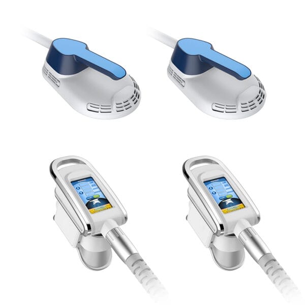 Two medical devices are shown. The top with blue handles and vents, the bottom with screens. Connected by cords, they aid in weight loss using the New 4 handles BodySculpting Machine.