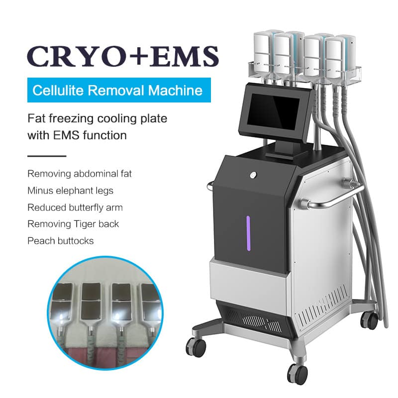 Krachtige EMS-machine voor lichaamssculpting voor vetverlies met 8 cryohandvatten, meerdere hulpstukken en display. Beschikt over Cryolipolyse, EMS en gerichte vetverwijdering.