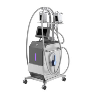 4-handle Body Sculpting EMS Machine: Cryolipolysis, slimming, muscle building. Multiple screens/cables on wheeled base.