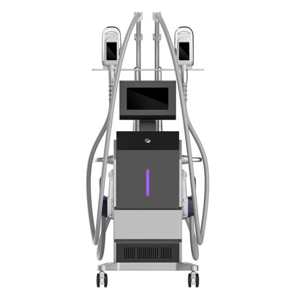 A wheeled medical device with a screen, multiple arms, for cosmetic or therapeutic procedures like Body Sculpting and Slimming.