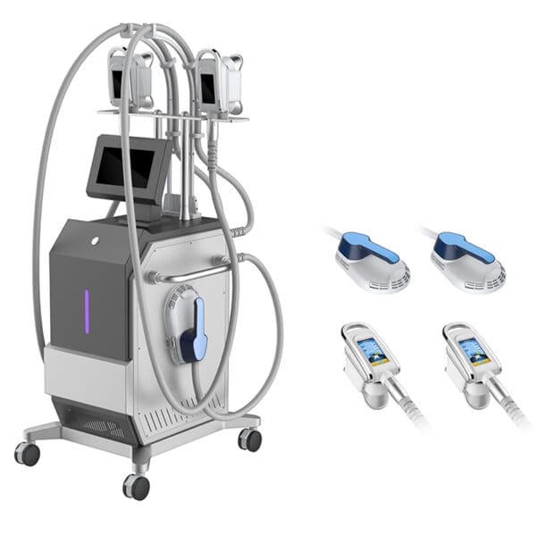 The New 4-Handle BodySculpting Cryolipolysis Machine is a modern device for body sculpting and cryotherapy, featuring multiple monitors.