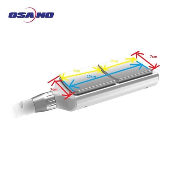 Diagram van een OSANO-apparaat: 15 cm midden, 7 cm aan elke kant, totale breedte 7 cm. Ideaal voor cryolipolyse lichaamssculptuur en vetverlies. Introductie van de krachtige 8-machine.