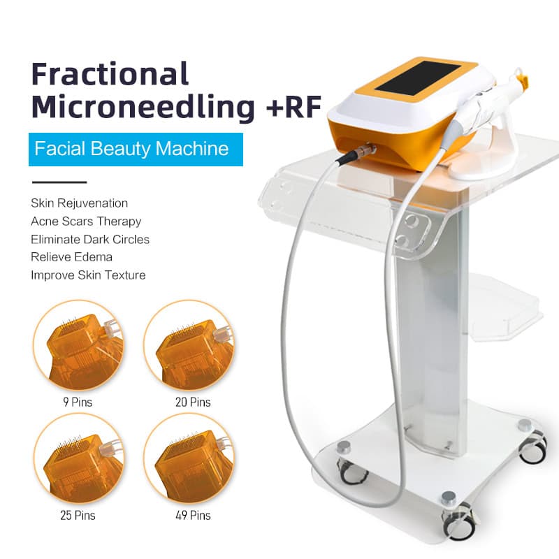 Máy làm đẹp vi kim RF Fractional có 9, 25 và 49 đầu kim có thể thay đổi để trẻ hóa da, điều trị sẹo mụn và quầng thâm.