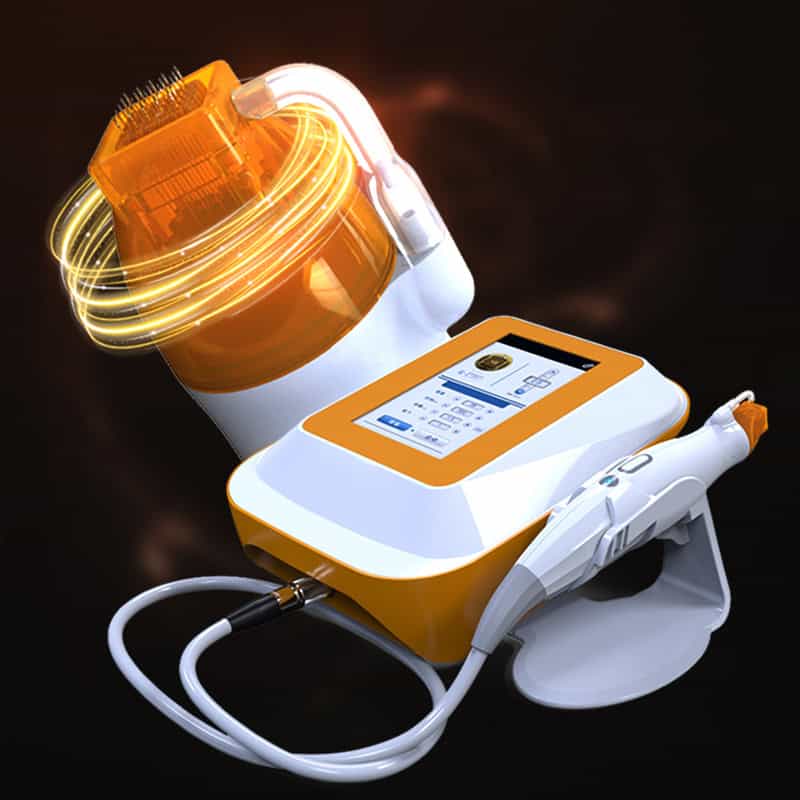 Máy trẻ hóa da vi kim RF Fractional dành cho các trung tâm thẩm mỹ có hộp điều khiển màn hình cảm ứng và dụng cụ cầm tay màu cam và trắng.