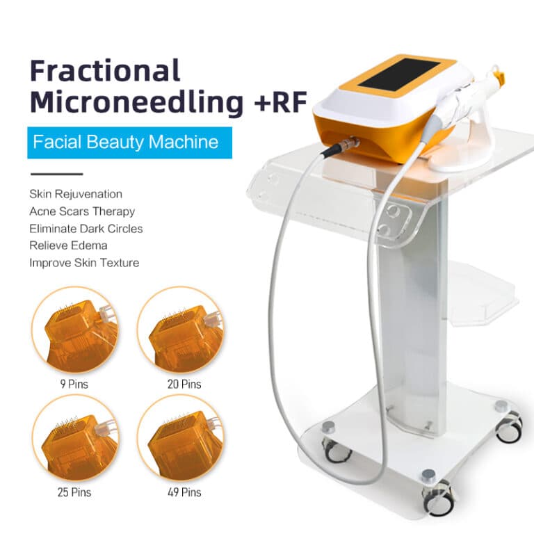 The RF Fractional Micro-needling Beauty Machine features interchangeable 9, 25, and 49 pin heads for skin rejuvenation, acne scars, and dark circles.
