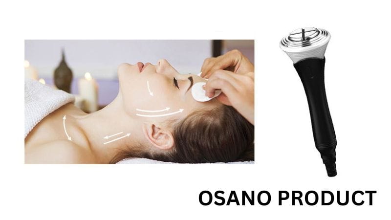 Henkilö makaa kasvokylpylässä saamassa HydraFacialia, nuolet osoittavat hieronnan ohjeita. Lähistöllä on laite, jossa on merkintä "OSANO PRODUCT".