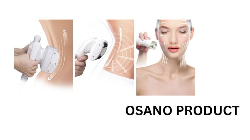 Kolmen paneelin kuva henkilöstä, joka käyttää kädessä pidettävää ihonhoitolaitetta selässään ja kasvoillaan, ja siinä on ääriviivat ja teksti "OSANO PRODUCT - Ultrasonic Cavitation parempien tulosten saavuttamiseksi.