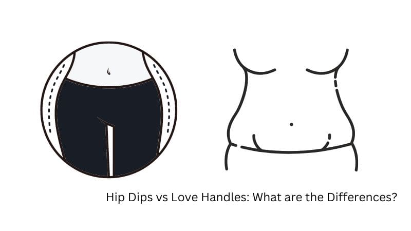 En illustration, der udforsker årsagerne og forskellene mellem hoftedip og love handles, med tilhørende tekst.