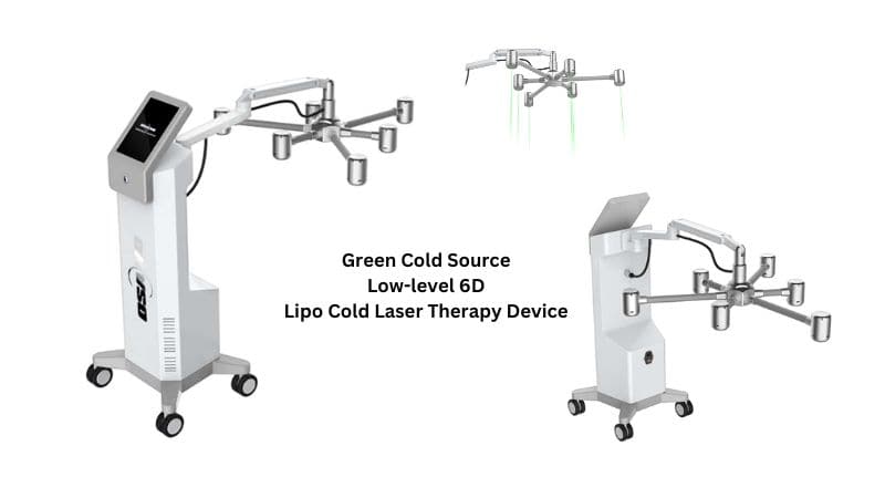 Présentation du laser Lipo Green Cold Source 6D, idéal pour les traitements avancés avec ses bras multiples et sa base mobile pour une thérapie précise.